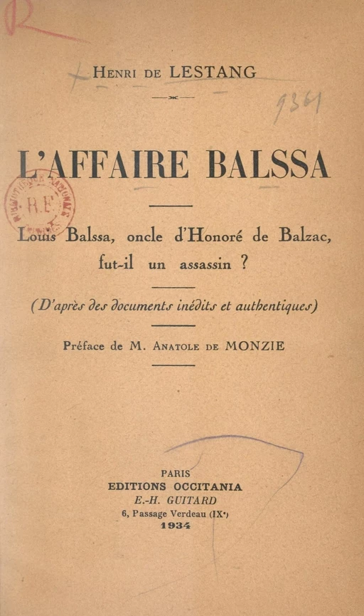 L'affaire Balssa - Henri de Lestang - FeniXX réédition numérique