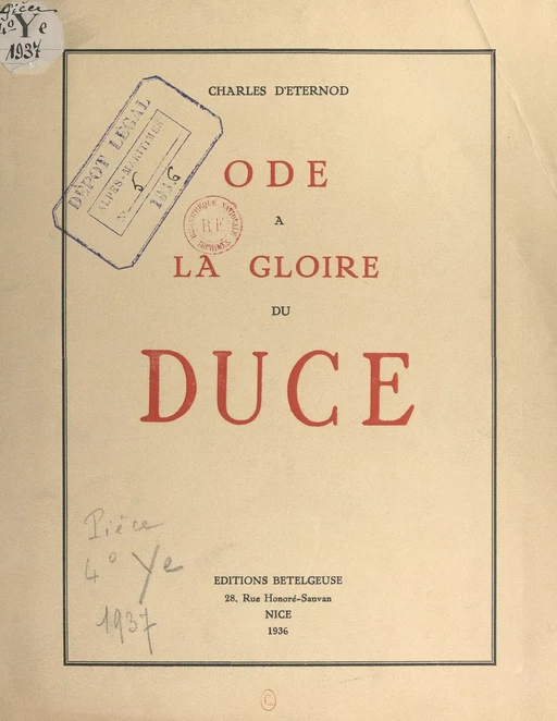 Ode à la gloire du Duce - Charles d'Eternod - FeniXX réédition numérique