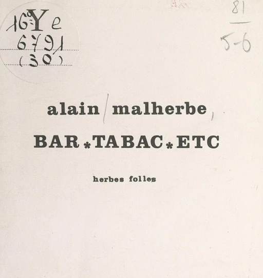 Bar, tabac, etc - Alain Malherbe - FeniXX réédition numérique