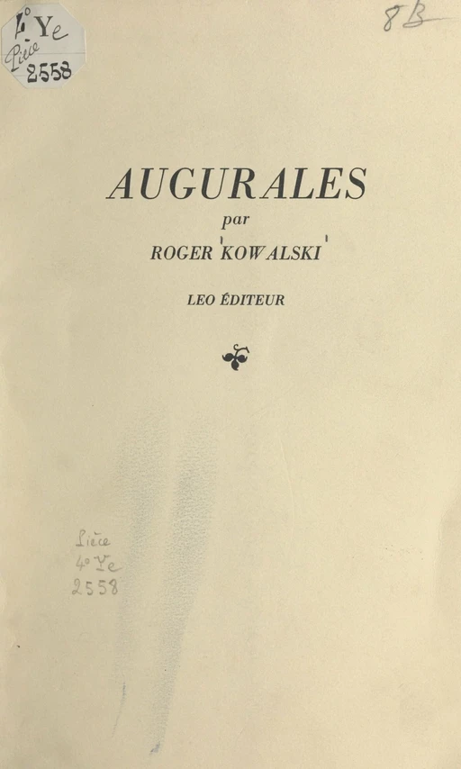 Augurales - Roger Kowalski - FeniXX réédition numérique