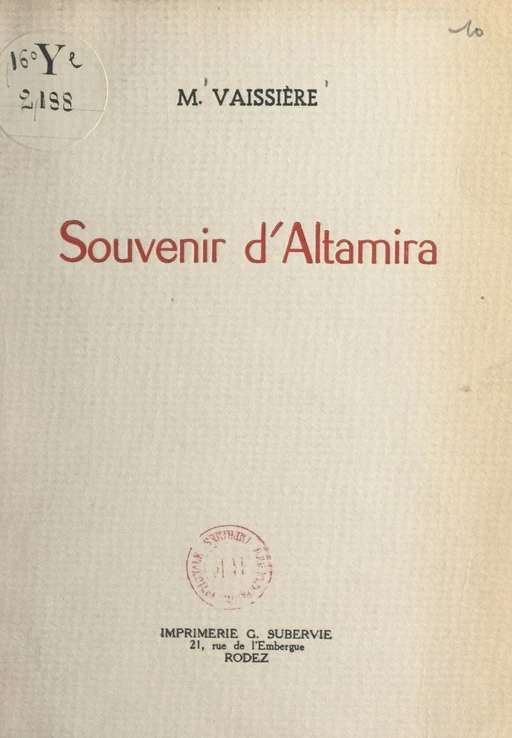 Souvenir d'Altamira - Marie-Louise Vaissière - FeniXX réédition numérique