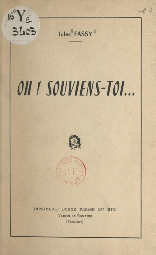 Oh ! souviens-toi... - Jules Fassy - FeniXX réédition numérique