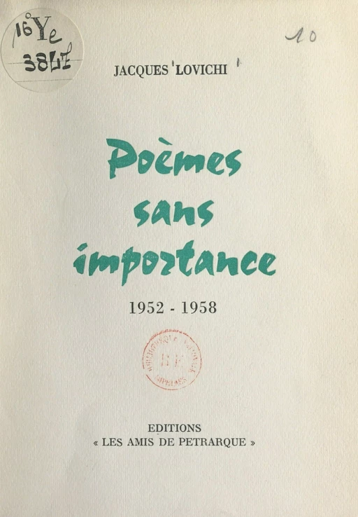 Poèmes sans importance, 1952-1958 - Jacques Lovichi - FeniXX réédition numérique