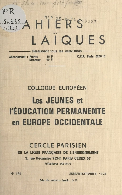 Colloque européen "Les jeunes et l'éducation permanente en Europe occidentale" - Sylvain de Coster, Michel Roux - FeniXX réédition numérique