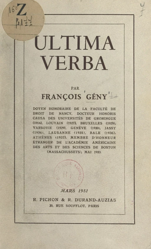 Ultima verba - François Gény - FeniXX réédition numérique