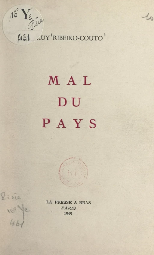 Mal du pays - Ruy Ribeiro-Couto - FeniXX réédition numérique