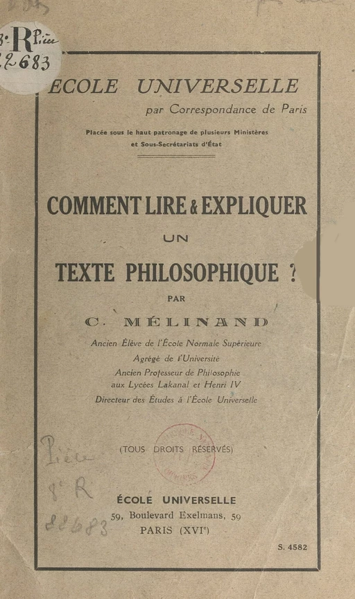 Comment lire et expliquer un texte philosophique - Camille Mélinand - FeniXX réédition numérique