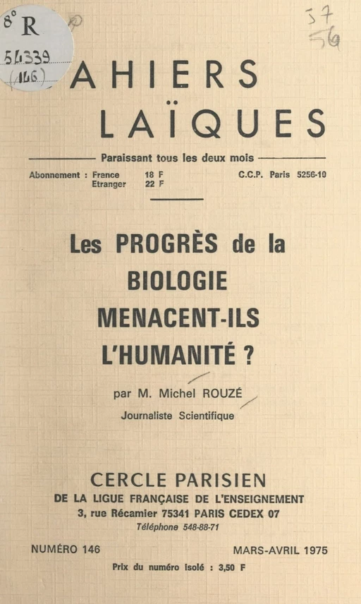 Les progrès de la biologie menacent-ils l'humanité ? - Michel Rouzé - FeniXX réédition numérique