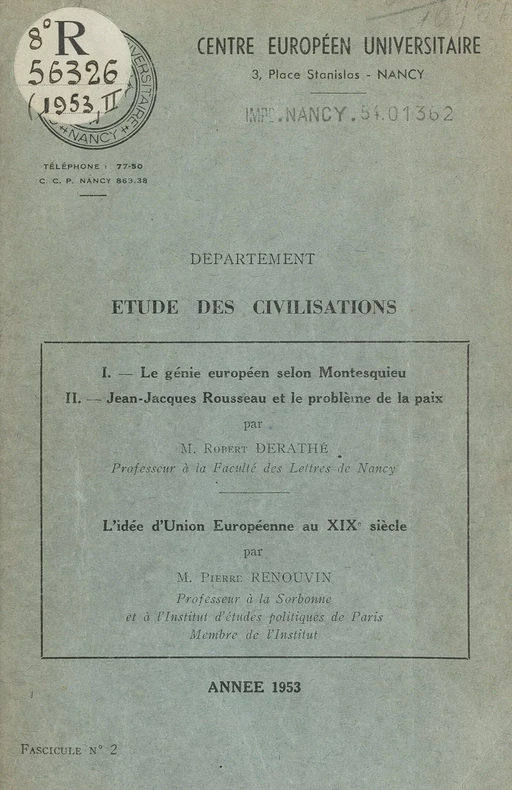 Le génie européen selon Montesquieu - Robert Derathé, Pierre Renouvin - FeniXX réédition numérique