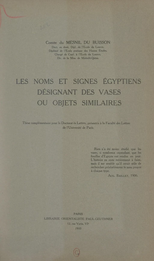 Les noms et signes égyptiens désignant des vases ou objets similaires - Robert du Mesnil du Buisson - FeniXX réédition numérique