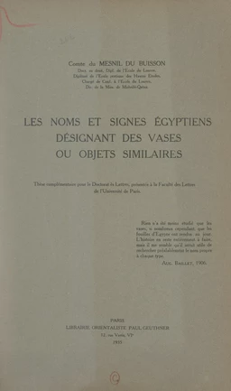 Les noms et signes égyptiens désignant des vases ou objets similaires