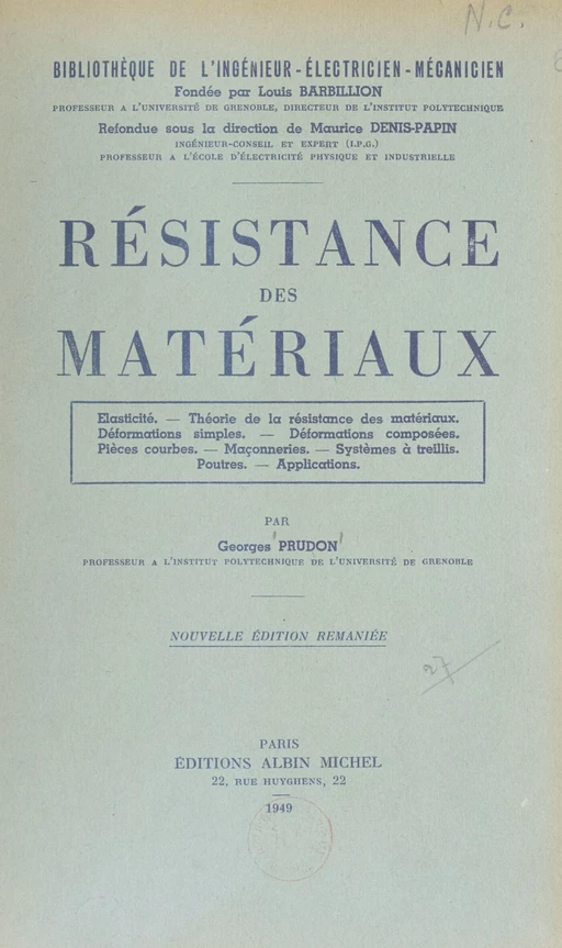 Résistance des matériaux - Georges Prudon - Albin Michel (réédition numérique FeniXX)