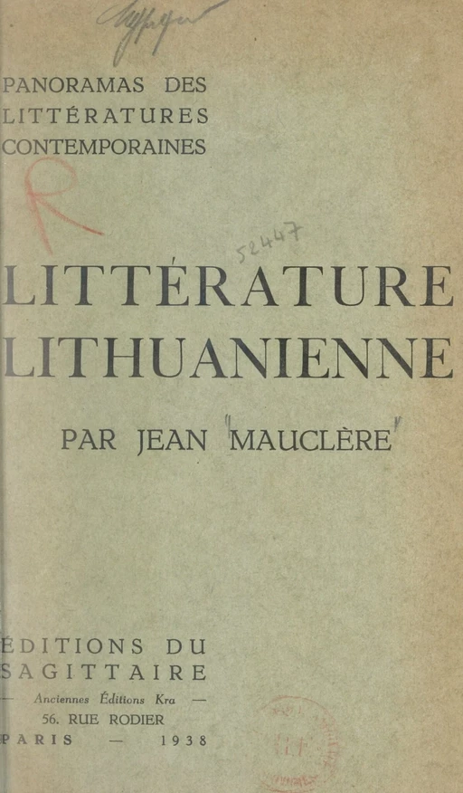 Panorama de la littérature lithuanienne contemporaine - Jean Mauclère - Grasset (réédition numérique FeniXX)