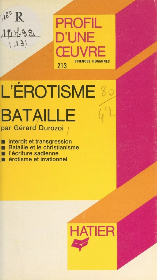 L'érotisme, de Bataille - Gérard Durozoi - Hatier (réédition numérique FeniXX)