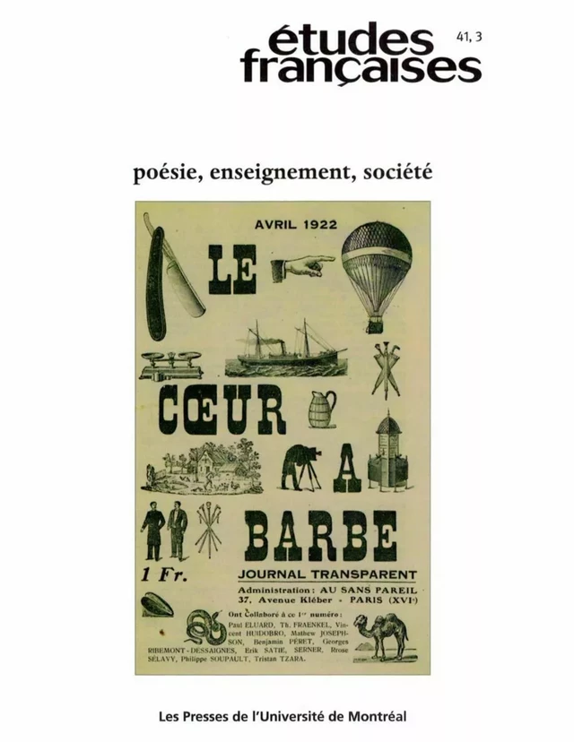 Études françaises. Volume 41, numéro 3, 2005 - Michel Murat, Gilles Marcotte, Jean-Pierre BERTRAND, Pierre Popovic, Dominique Combe, Steve Murphy, Madeleine Frédéric, Michèle Touret, Reynald André Chalard - Les Presses de l’Université de Montréal - Études françaises