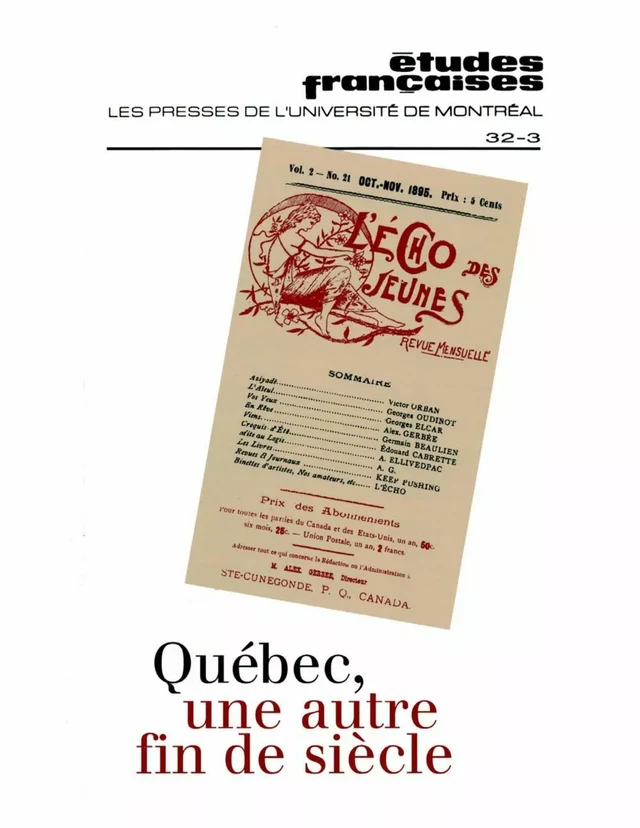 Études françaises. Volume 32, numéro 3, automne 1996 - Marie-Andrée Beaudet, Rainier Grutman, Denis Saint-Jacques, Michel Pierssens, Roberto Benardi, Daniel Chartier, Réjean Beaudoin, Lucie Robert, Pierre Rajotte, Antoine Compagnon, Jean-Pierre BERTRAND, Marina Van Zuylen - Les Presses de l’Université de Montréal - Études françaises