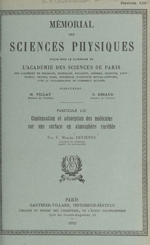 Condensation et adsorption des molécules sur une surface en atmosphère raréfiée - Fernand-Marcel Devienne - (Dunod) réédition numérique FeniXX