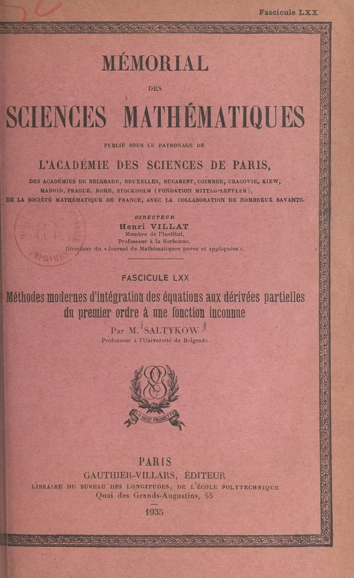 Méthodes modernes d'intégration des équations aux dérivées partielles du premier ordre à une fonction inconnue - Nicolaï Saltykow - (Dunod) réédition numérique FeniXX