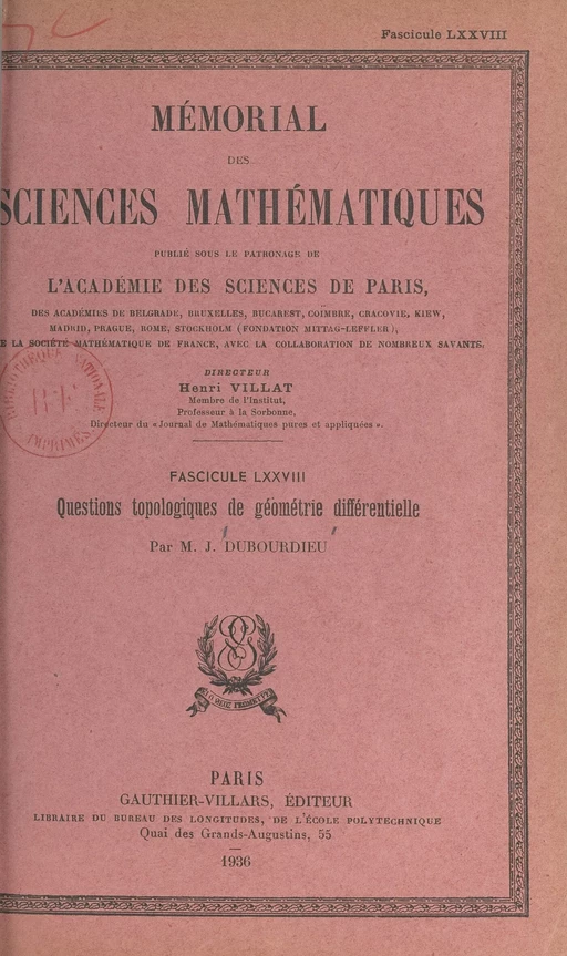 Questions topologiques de géométrie différentielle - Jules Dubourdieu - (Dunod) réédition numérique FeniXX