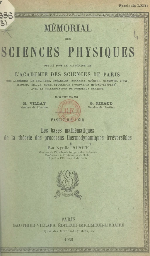 Les bases mathématiques de la théorie des processus thermodynamiques irréversibles - Kyrille Popoff - (Dunod) réédition numérique FeniXX