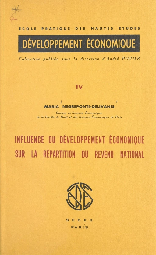 Influence du développement économique sur la répartition du revenu national - Maria Negreponti-Delivanis - (Sedes) réédition numérique FeniXX