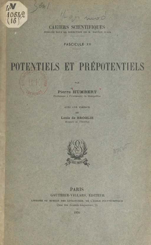 Potentiels et prépotentiels - Pierre Humbert - (Dunod) réédition numérique FeniXX