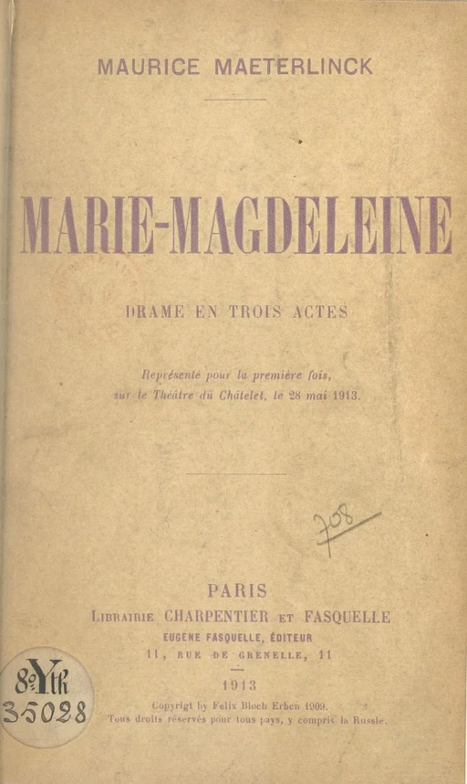 Marie-Magdeleine - Maurice Maeterlinck - (Grasset) réédition numérique FeniXX