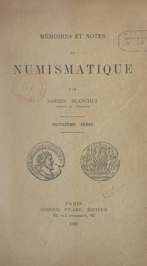 Mémoires et notes de numismatique - Adrien Blanchet - (Presses universitaires de France) réédition numérique FeniXX