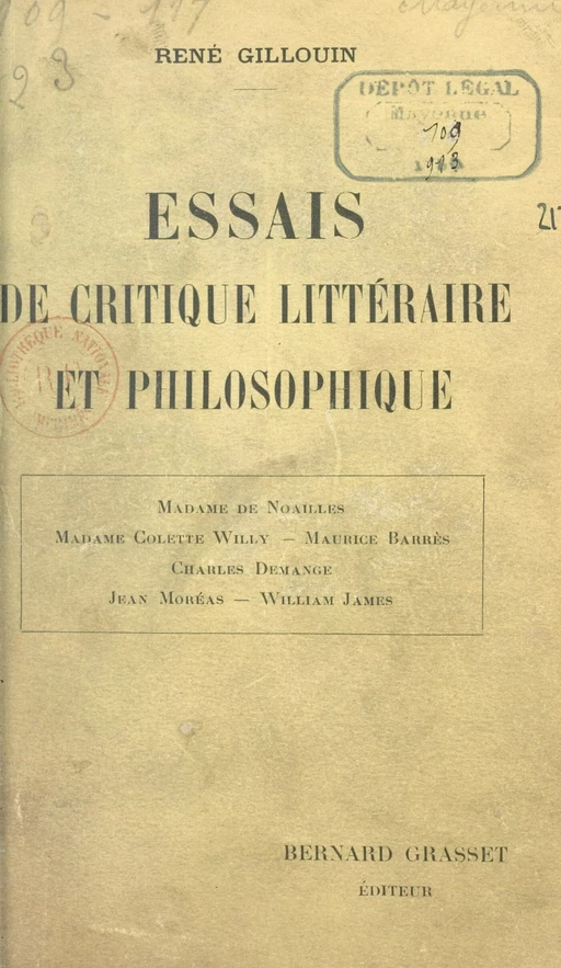 Essais de critique littéraire et philosophique - René Gillouin - (Grasset) réédition numérique FeniXX