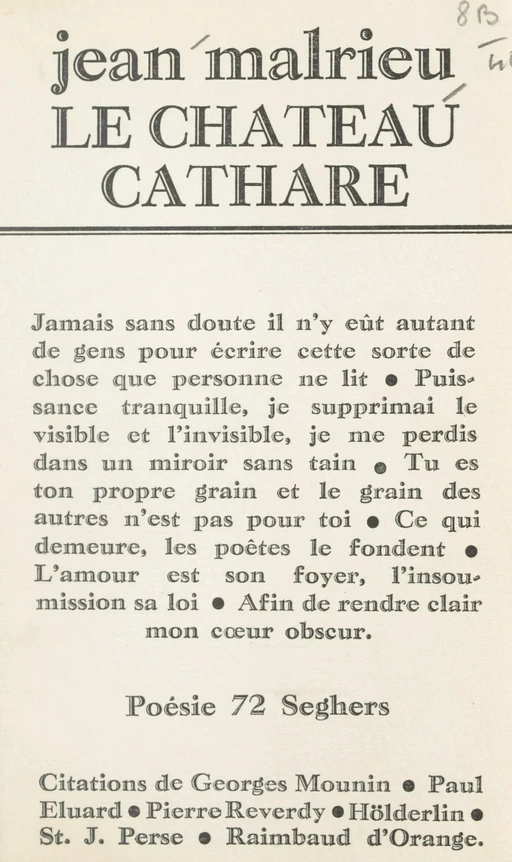 Le château cathare - Jean Malrieu - (Seghers) réédition numérique FeniXX