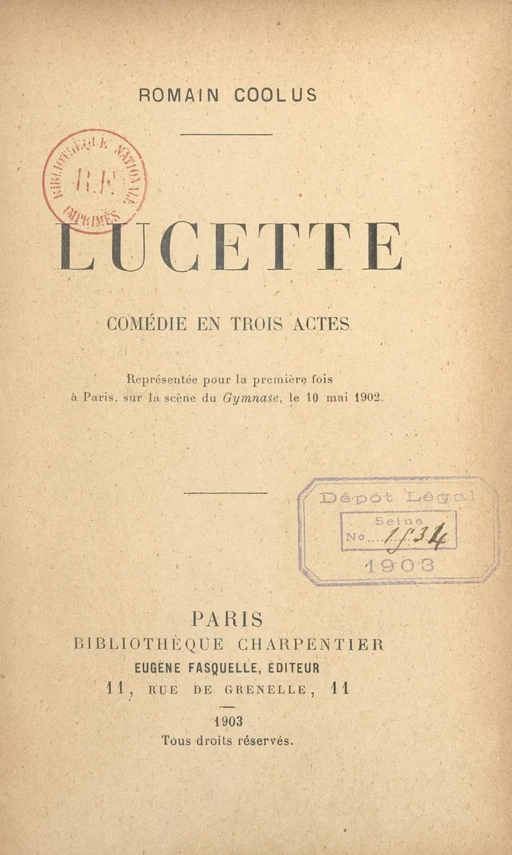 Lucette - Romain Coolus - (Grasset) réédition numérique FeniXX