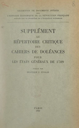 Supplément au Répertoire critique des cahiers de doléances pour les États généraux de 1789