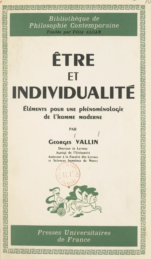 Être et individualité - Georges Vallin - (Presses universitaires de France) réédition numérique FeniXX