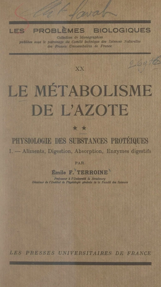 Le métabolisme de l'azote (2) - Émile-Florent Terroine - (Presses universitaires de France) réédition numérique FeniXX