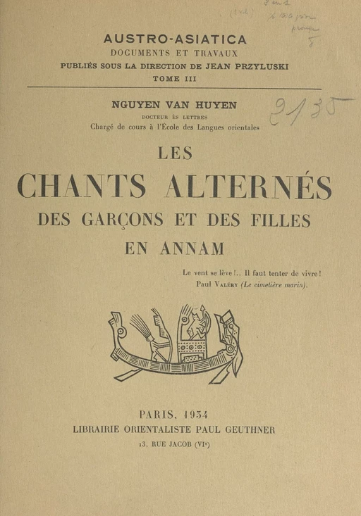 Les chants alternés des garçons et des filles en Annam - Van Huyên Nguyên - (Presses universitaires de France) réédition numérique FeniXX