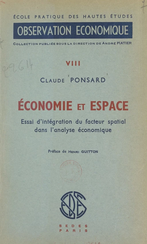 Économie et espace - Claude Ponsard - (Sedes) réédition numérique FeniXX