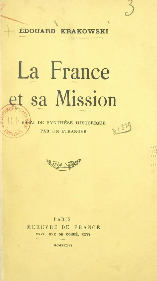 La France et sa mission - Édouard Krakowski - (Mercure de France) réédition numérique FeniXX