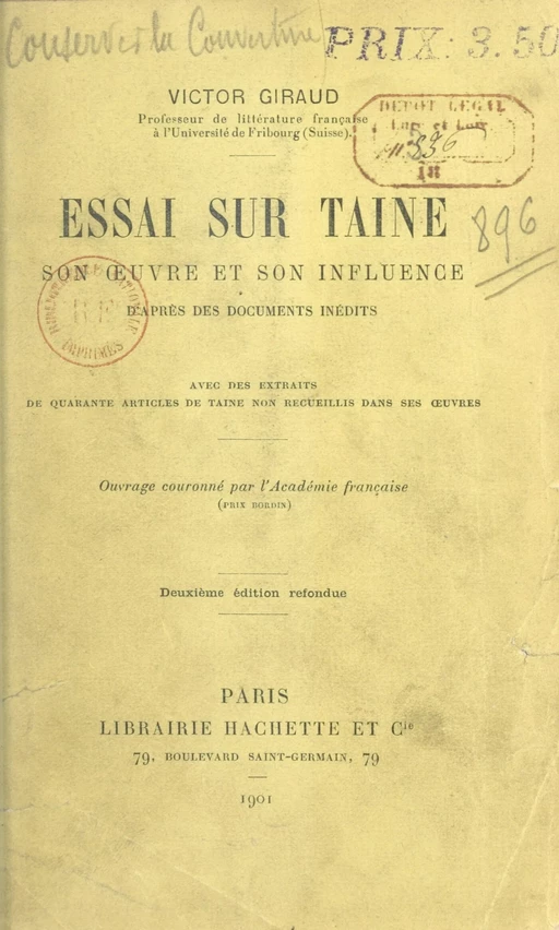 Essai sur Taine, son œuvre et son influence - Victor Giraud - (Hachette) réédition numérique FeniXX