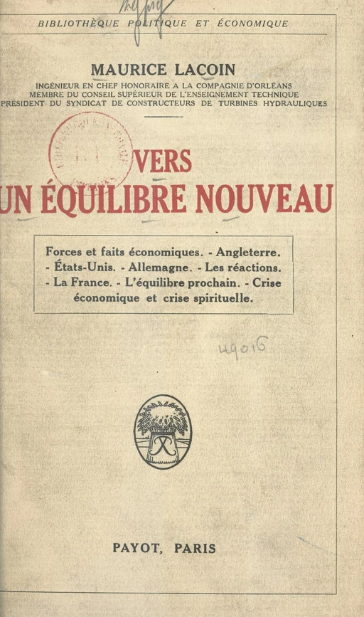 Vers un équilibre nouveau - Maurice Lacoin - (Payot & Rivages) réédition numérique FeniXX