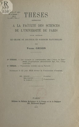 Les facteurs du comportement chez l'imago du doryphore (Leptinotarsa decemlineata Sat,. Col. Chrysomelidae). Suivi de Propositions données par la Faculté