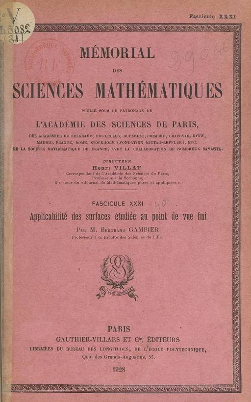 Applicabilité des surfaces étudiée au point de vue fini - Bertrand Gambier - (Dunod) réédition numérique FeniXX