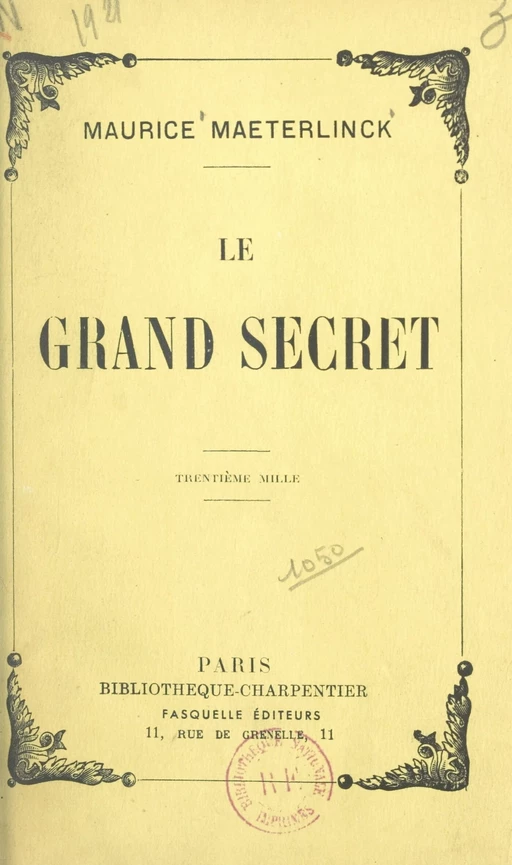 Le grand secret - Maurice Maeterlinck - (Grasset) réédition numérique FeniXX