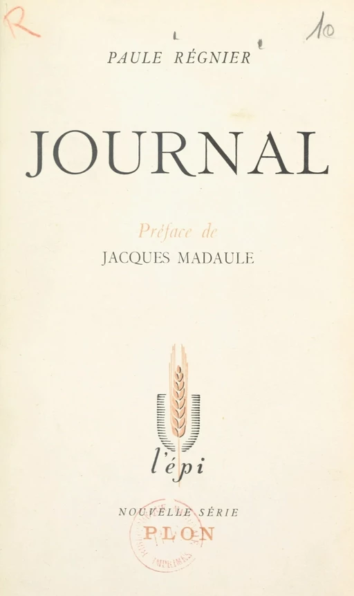 Journal - Paule Régnier - (Plon) réédition numérique FeniXX