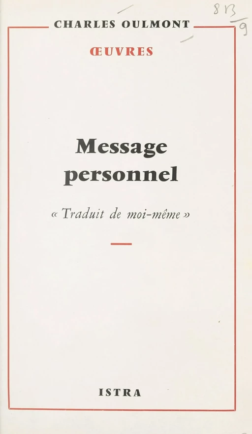 Message personnel - Charles Oulmont - Istra (réédition numérique FeniXX)