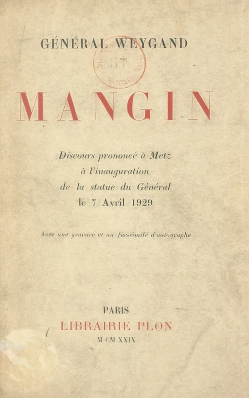 Mangin - Maxime Weygand - (Plon) réédition numérique FeniXX