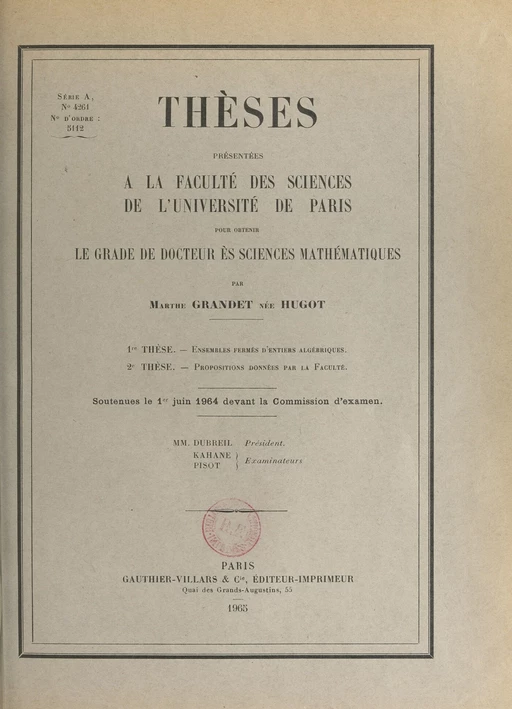 Ensembles fermés d'entiers algébriques - Marthe Grandet - (Dunod) réédition numérique FeniXX