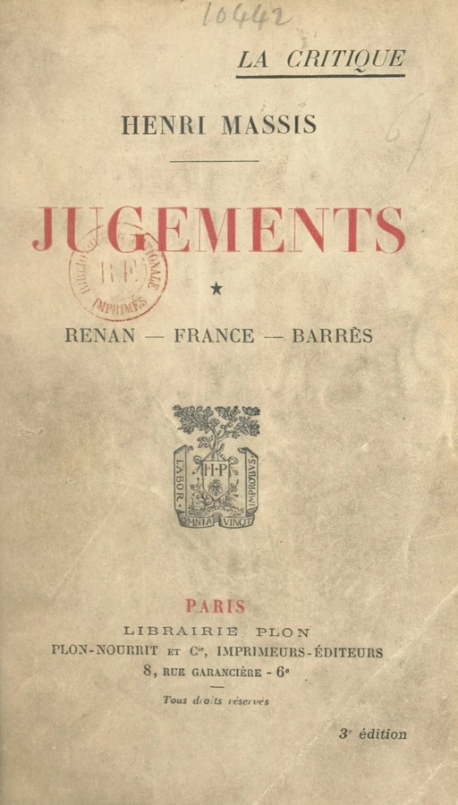 Jugements (1). Renan, France, Barrès - Henri Massis - (Plon) réédition numérique FeniXX