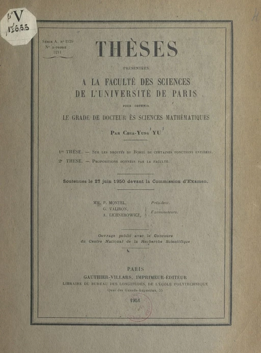 Sur les droites de Borel de certaines fonctions entières - Chia-Yung Yu - (Dunod) réédition numérique FeniXX