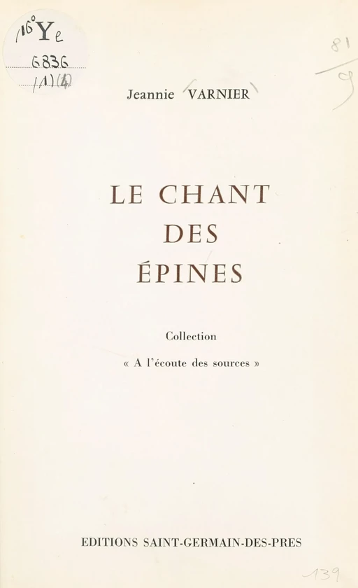 Le Chant des épines - Jeannie Varnier - FeniXX réédition numérique