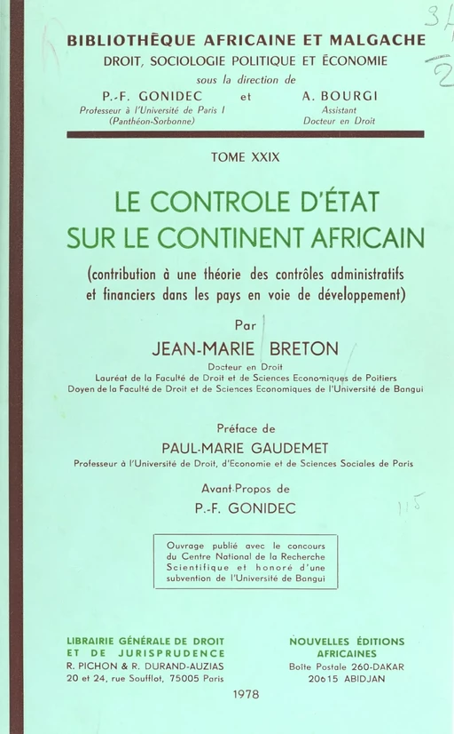 Le Contrôle d'État sur le continent africain : contribution à une théorie des contrôles administratifs et financiers dans les pays en voie de développement - Jean-Marie Breton - FeniXX réédition numérique